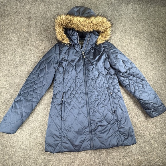 Eddie Bauer Goose Down Parka Womens S Blue Puffer Coat Hooded Faux Fur Quilted - Picture 1 of 15